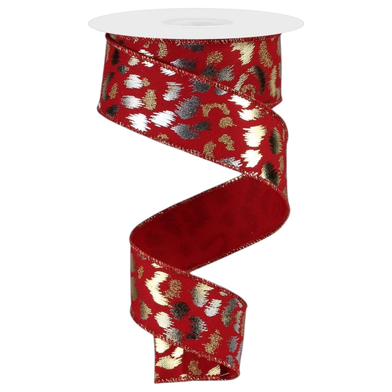 RG Ribbon: Red Wired Leopard Print Ribbon with Glitter and Metallic Spots for Christmas and Valentine's Day Trees, Wreaths, Gifts, Crafts, Bows